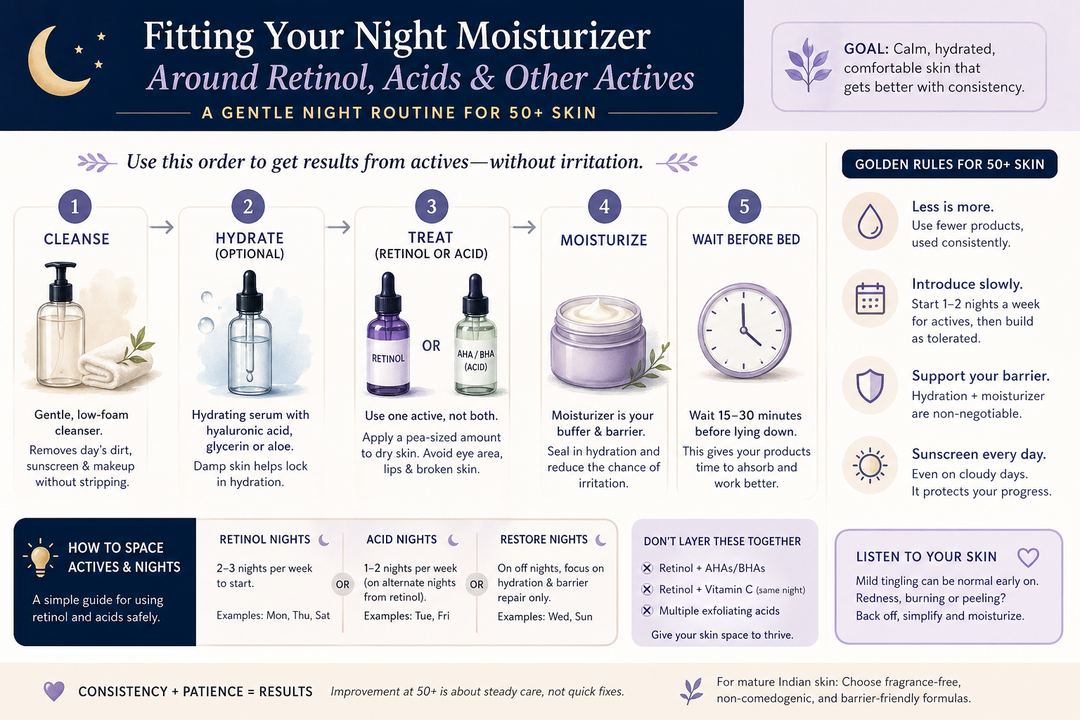 Infographic showing the order of a gentle night routine for 50+ skin: cleanser, optional hydrating serum, treatment (retinol or acid), moisturizer, then wait before bed.