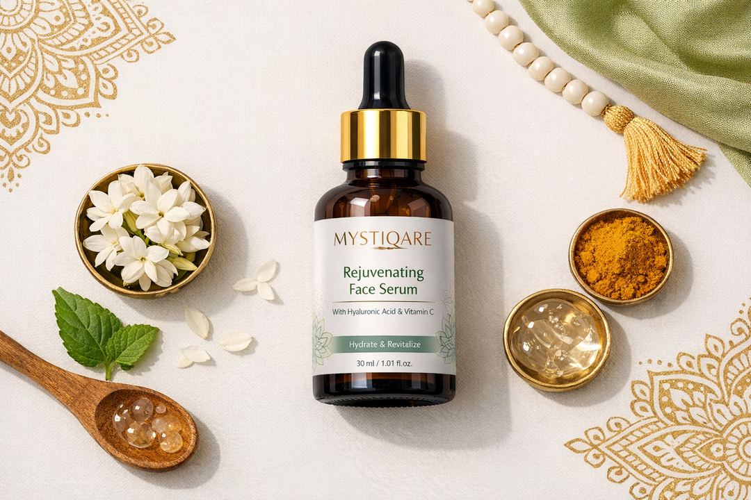 Bottle of Mystiqare Rejuvenating Face Serum placed on a clean background with subtle Indian design accents.