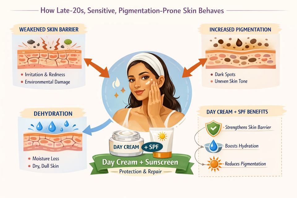 Infographic diagram showing late-20s Indian skin changes: weakening barrier, dehydration, pigmentation and how a day cream plus sunscreen supports it.