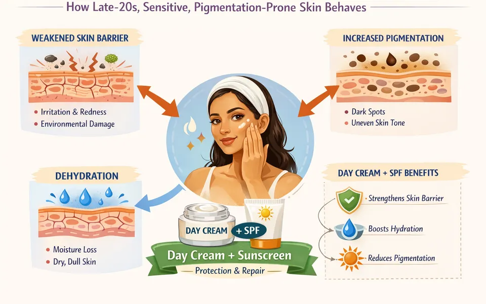 Best day cream for late 20s plus sensitive skin plus pigmentation in all season