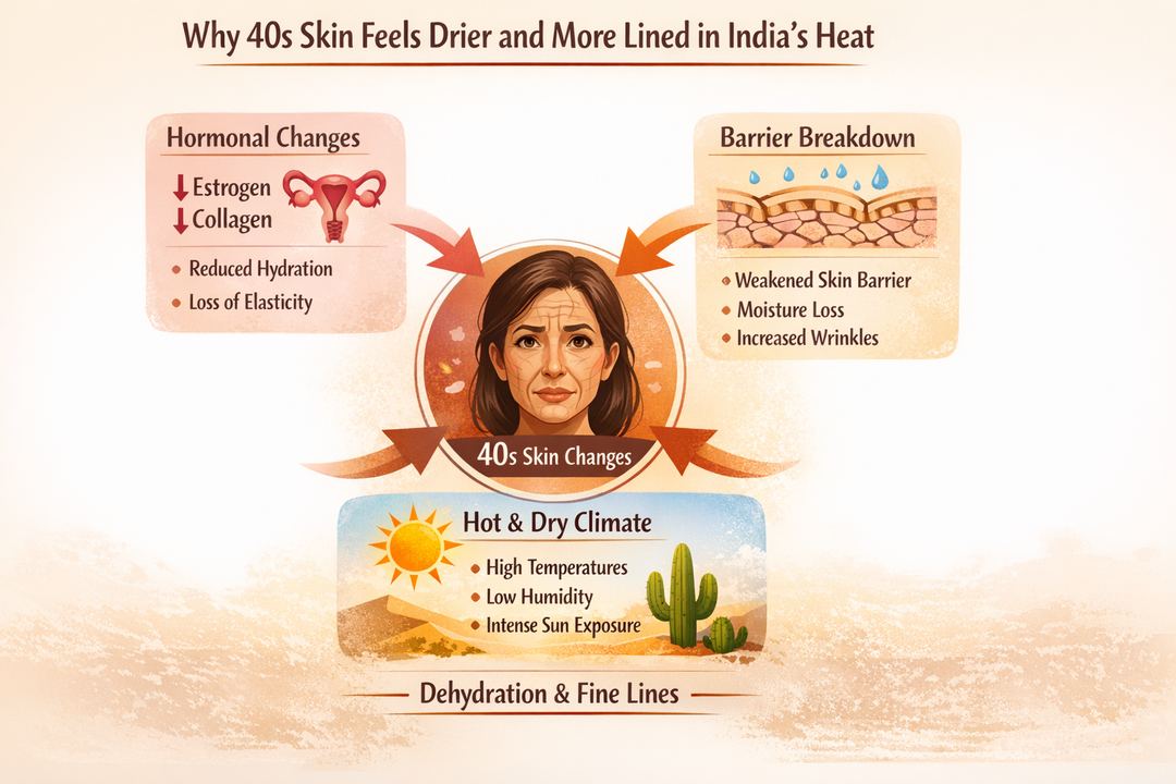Infographic showing how age, hormones and Indian climate together dry out 40s skin and increase fine lines