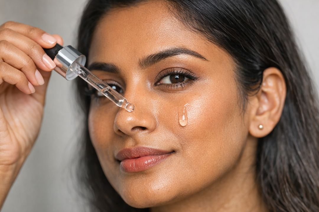 Close-up of an Indian woman applying a clear niacinamide serum from a dropper onto her cheek.