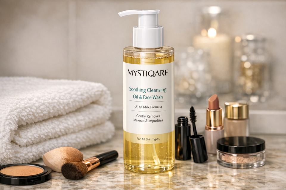 Bottle of Mystiqare Soothing Cleansing Oil & Face Wash on a bathroom counter next to a towel and makeup products