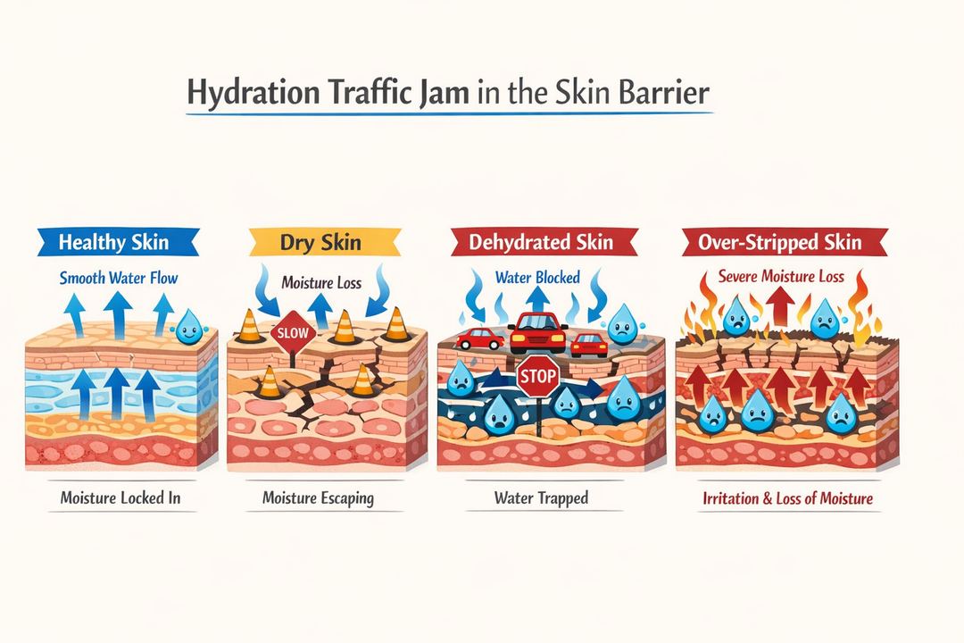 Infographic diagram comparing healthy skin vs dry, dehydrated and over-stripped skin as a hydration ‘traffic jam’ in the barrier.