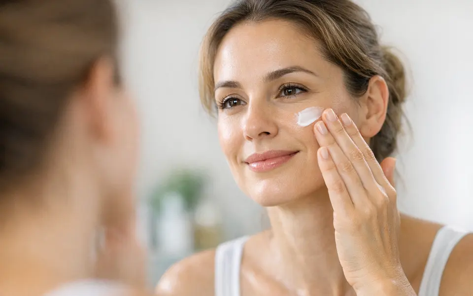 Woman with calm, hydrated skin applying lightweight face cream in front of a mirror.