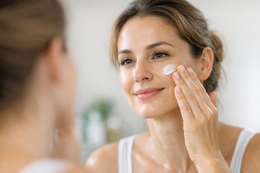 Woman with calm, hydrated skin applying lightweight face cream in front of a mirror.