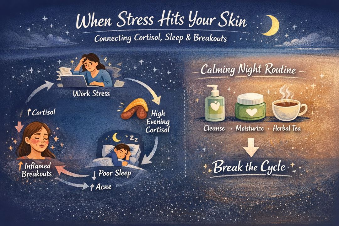 Infographic diagram showing the loop between work stress, high evening cortisol, poor sleep, and inflamed breakouts, plus a calming night routine with cleanse, moisturise and herbal tea.