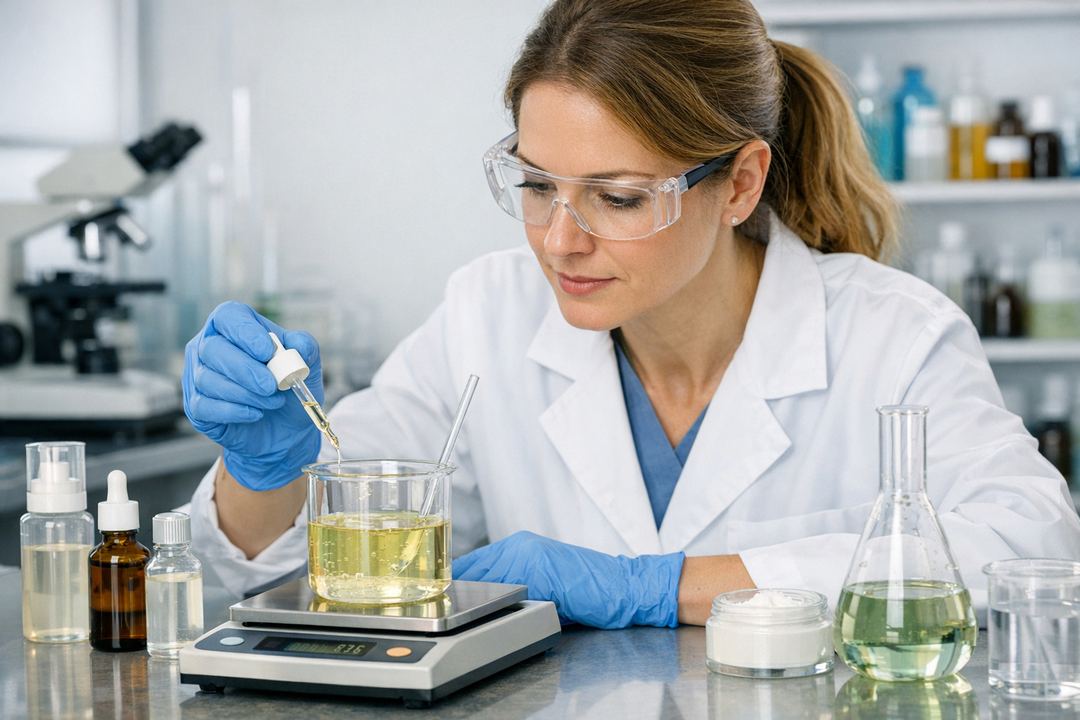 Cosmetic chemist in a lab coat weighing serum ingredients into a glass beaker.