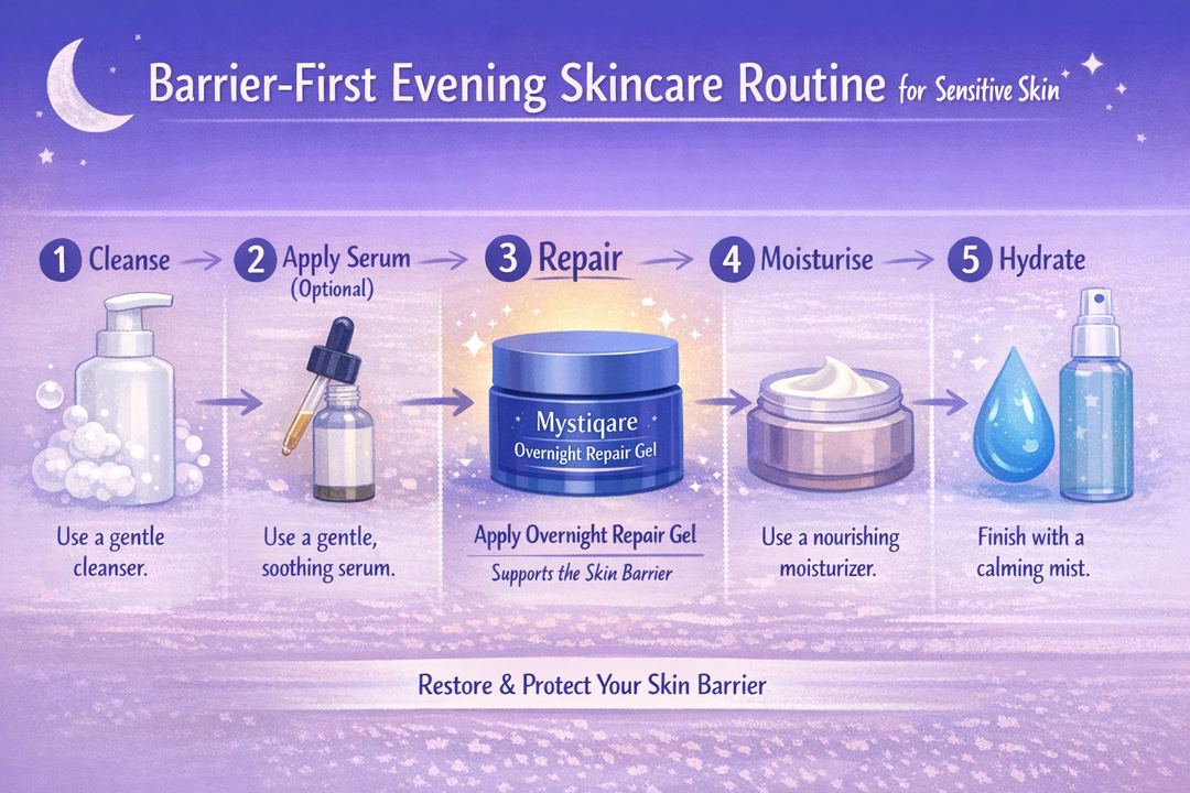 Infographic showing a simple barrier-first evening skincare routine for sensitive skin, highlighting cleanse, hydrate, moisturise and where an overnight repair gel fits.