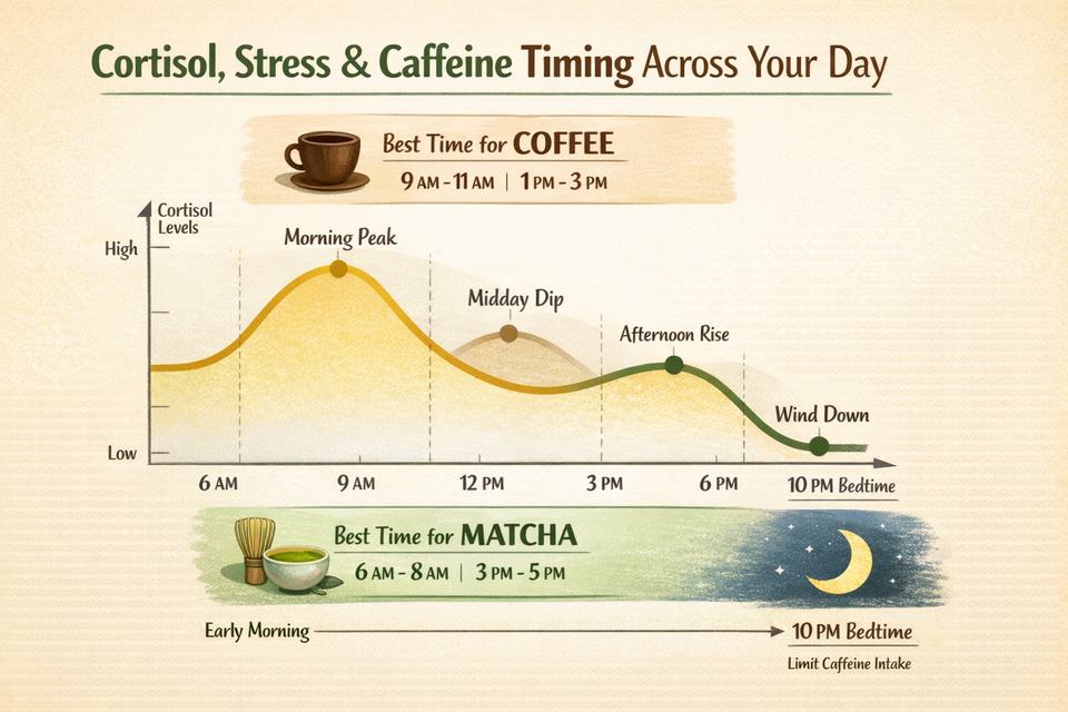 Infographic showing daily cortisol rhythm with suggested caffeine windows for coffee and matcha