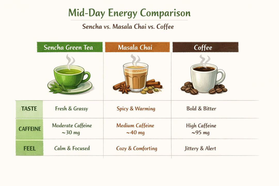 Infographic comparing sencha green tea, masala chai and coffee for mid-day energy and caffeine levels