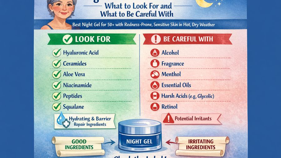 Best night gel for 50 plus plus redness plus sensitive skin in hot and dry