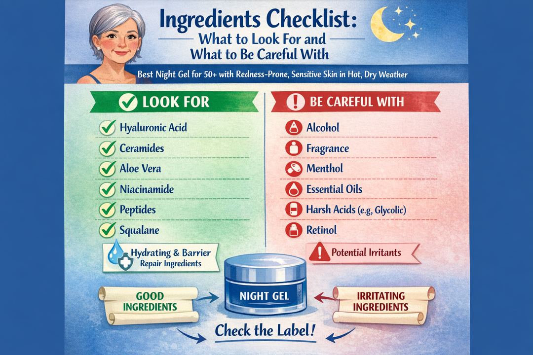 Infographic checklist of good and irritating ingredients for 50+ redness-prone, sensitive skin in hot, dry weather