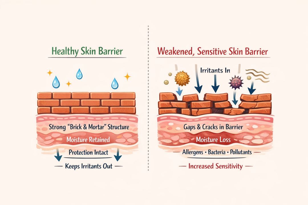 Infographic diagram comparing a healthy skin barrier to a weakened, sensitive barrier using a brick-and-mortar analogy.