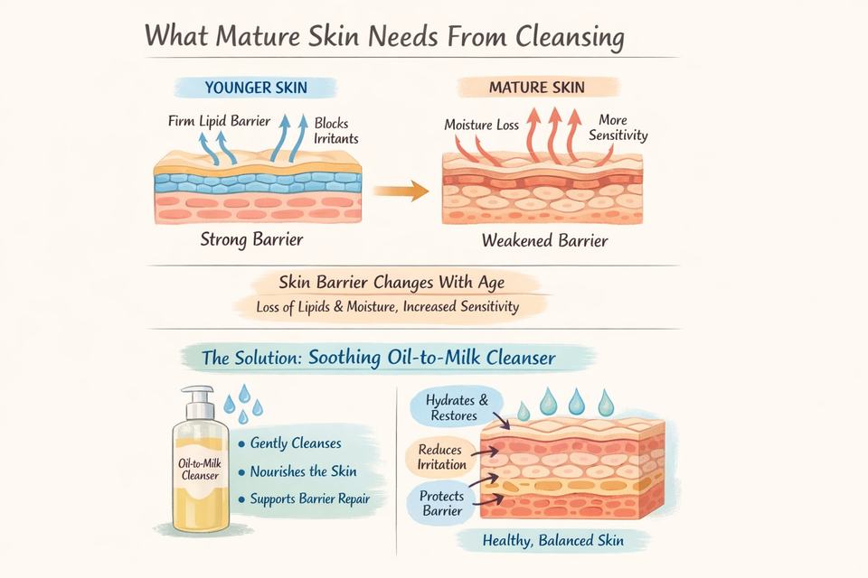 Infographic explaining how mature skin’s barrier changes with age and how gentle cleansing supports it