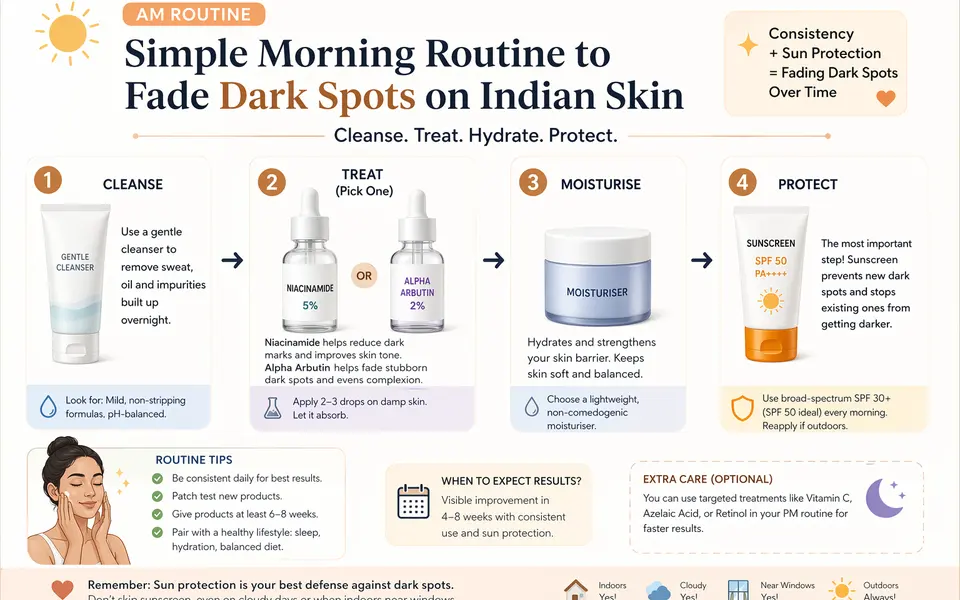 Infographic flowchart of a simple AM skincare routine: cleanser, niacinamide or alpha arbutin serum, moisturiser, and sunscreen for Indian skin.