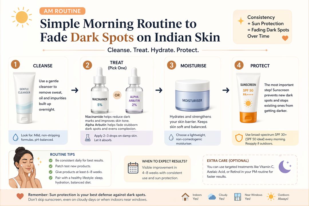 Infographic flowchart of a simple AM skincare routine: cleanser, niacinamide or alpha arbutin serum, moisturiser, and sunscreen for Indian skin.