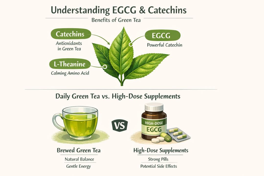 Infographic explaining catechins and EGCG in green tea and how they fit into a clean morning habit