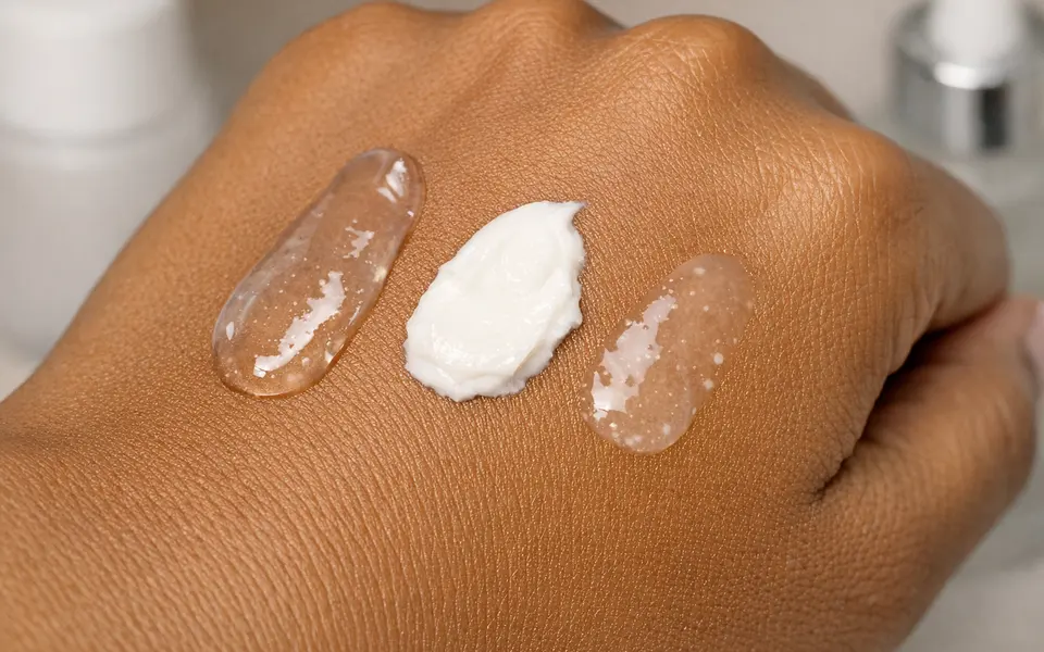 Close-up of different face primer textures swatched on the back of an Indian woman’s hand.