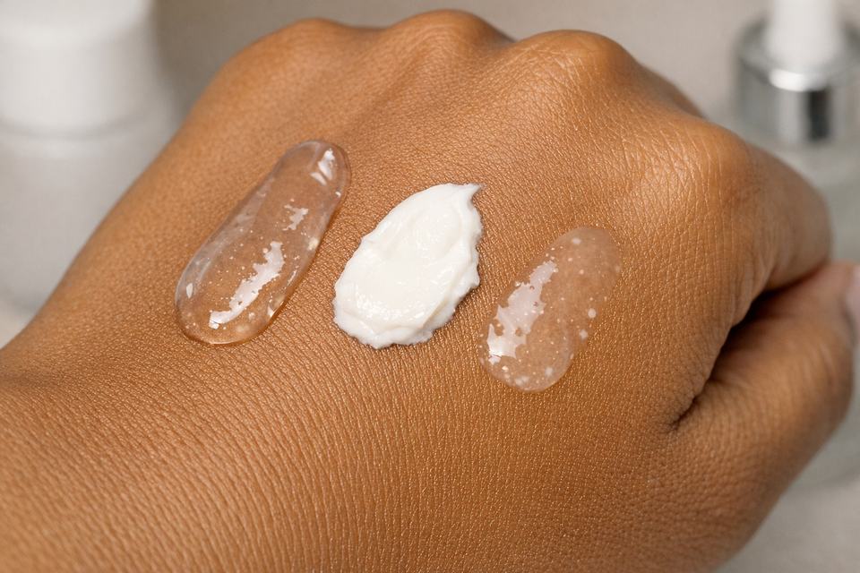 Close-up of different face primer textures swatched on the back of an Indian woman’s hand.