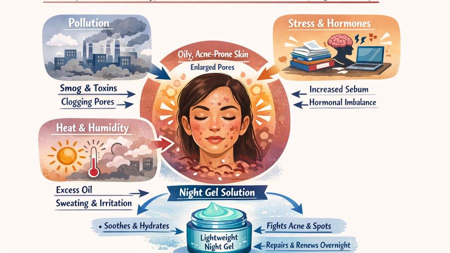 Best night gel for late 20s plus oily acne prone plus dark spots in city pollution
