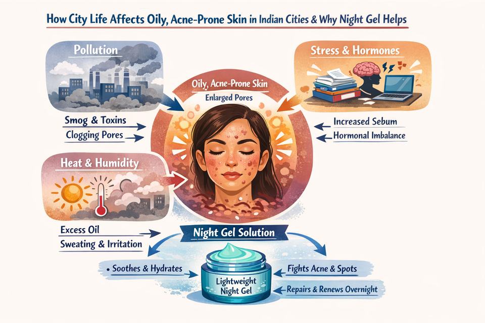 Infographic showing how pollution, heat, stress and hormones affect oily, acne-prone skin in Indian cities and why night gels help