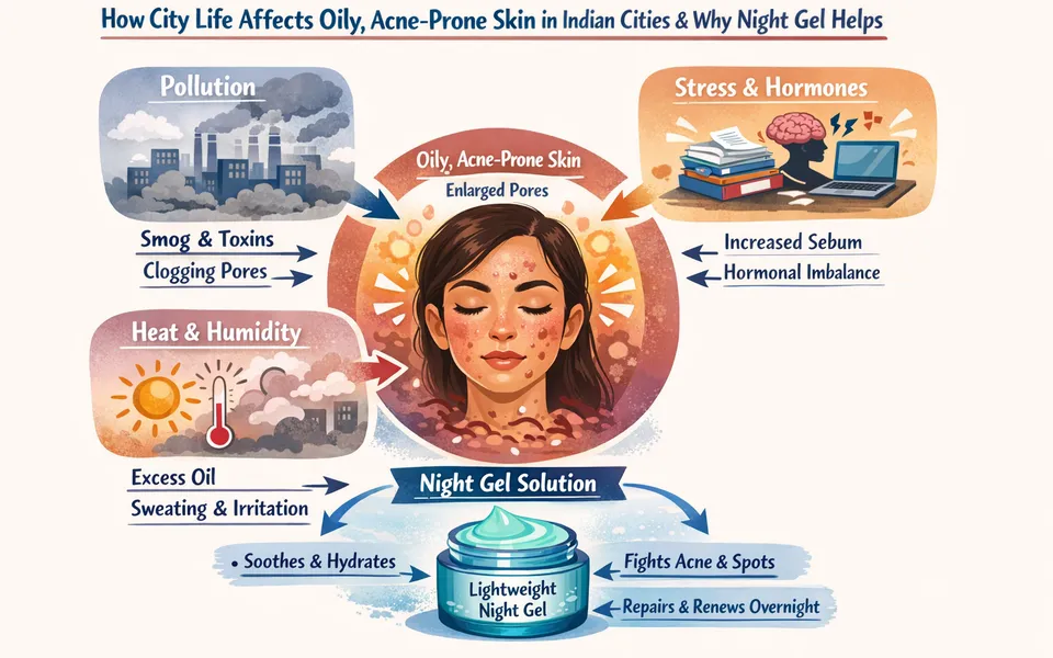 Best night gel for late 20s plus oily acne prone plus dark spots in city pollution