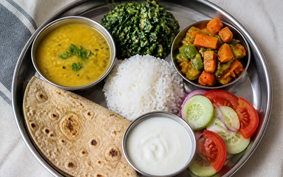 Balanced Indian thali on a stainless steel plate with roti, a small portion of rice, dal, leafy green sabzi, a colourful vegetable sabzi, salad and a bowl of curd.