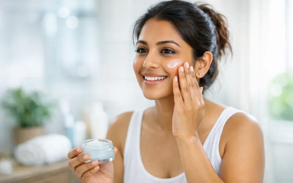 Indian woman applying a lightweight gel-cream moisturizer in a bright bathroom