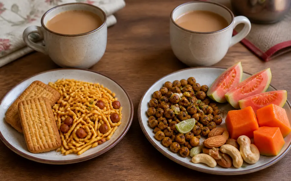 Side-by-side view of a plate with biscuits and fried namkeen next to a plate with roasted chana, nuts and sliced fruit beside a cup of masala chai.