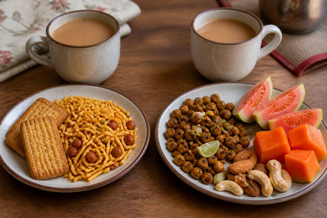 Side-by-side view of a plate with biscuits and fried namkeen next to a plate with roasted chana, nuts and sliced fruit beside a cup of masala chai.