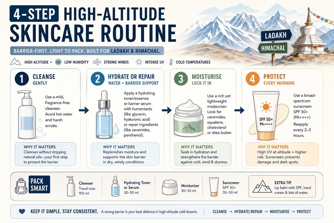 Infographic of a simple 4-step high-altitude skincare routine from cleanse to sunscreen