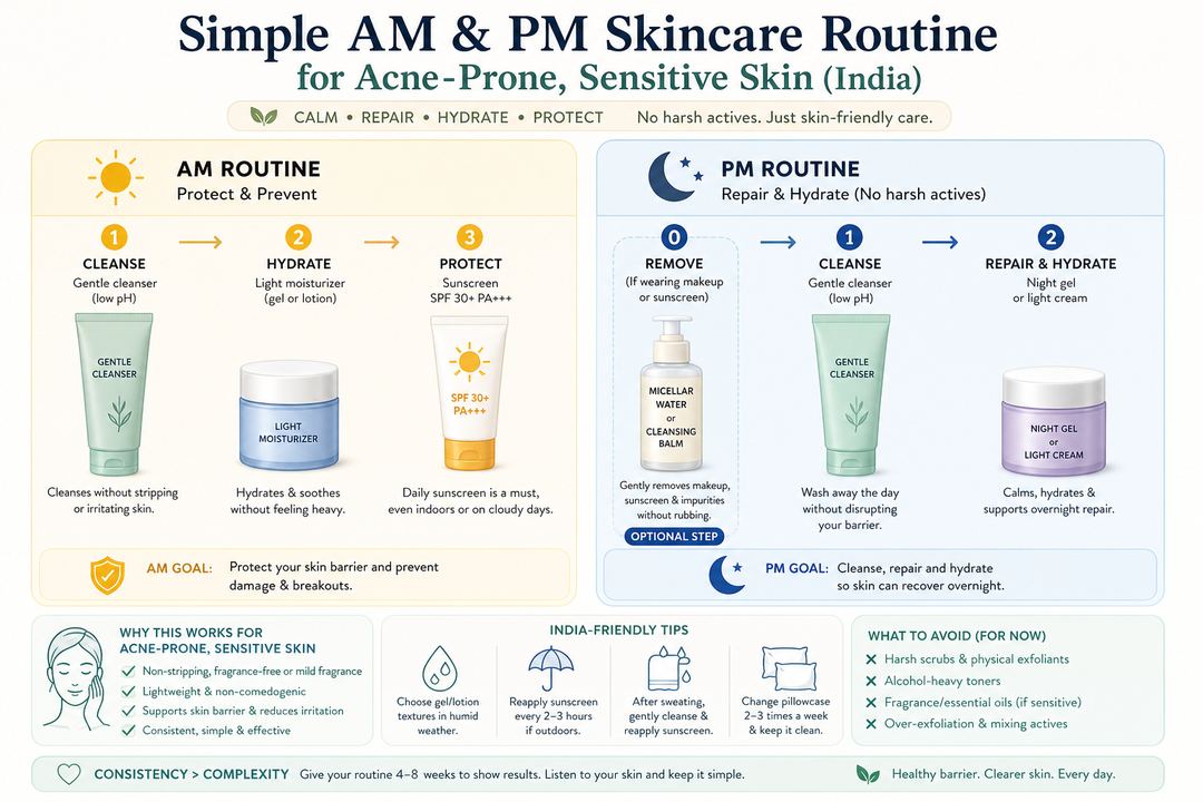 Infographic of a simple morning and night skincare routine for acne-prone sensitive skin