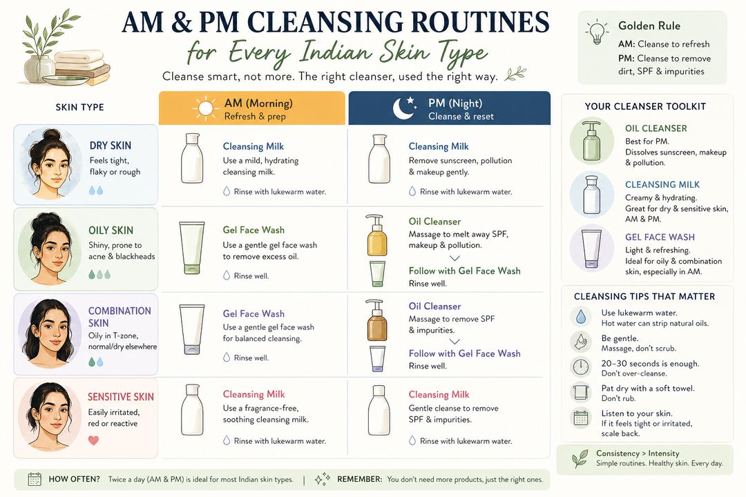 Infographic showing simple AM and PM cleansing routines for dry, oily, combination and sensitive Indian skin types.