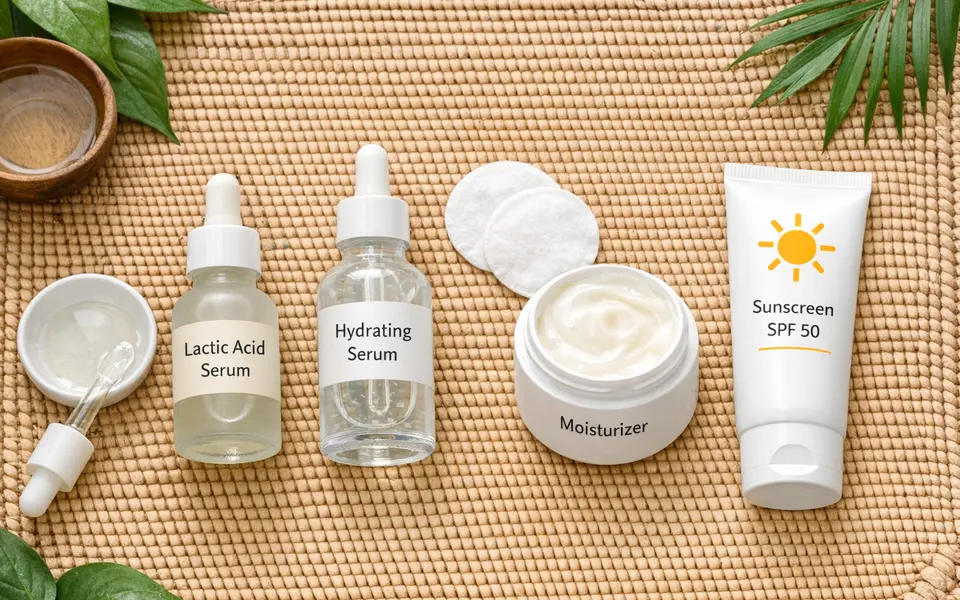 Flatlay of a simple skincare routine with lactic acid serum, hydrating serum, moisturizer, and sunscreen