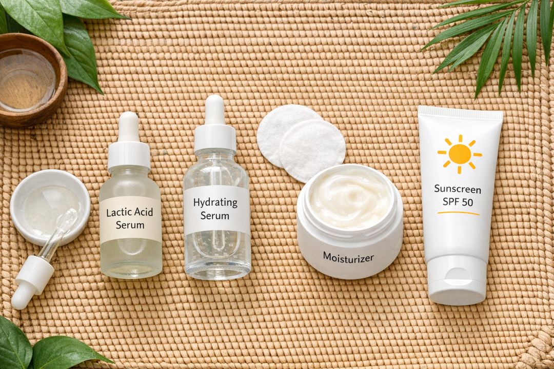 Flatlay of a simple skincare routine with lactic acid serum, hydrating serum, moisturizer, and sunscreen