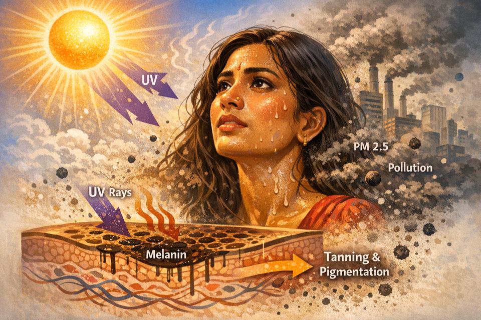 Illustration of melanin-rich Indian skin exposed to strong sun and city pollution particles.