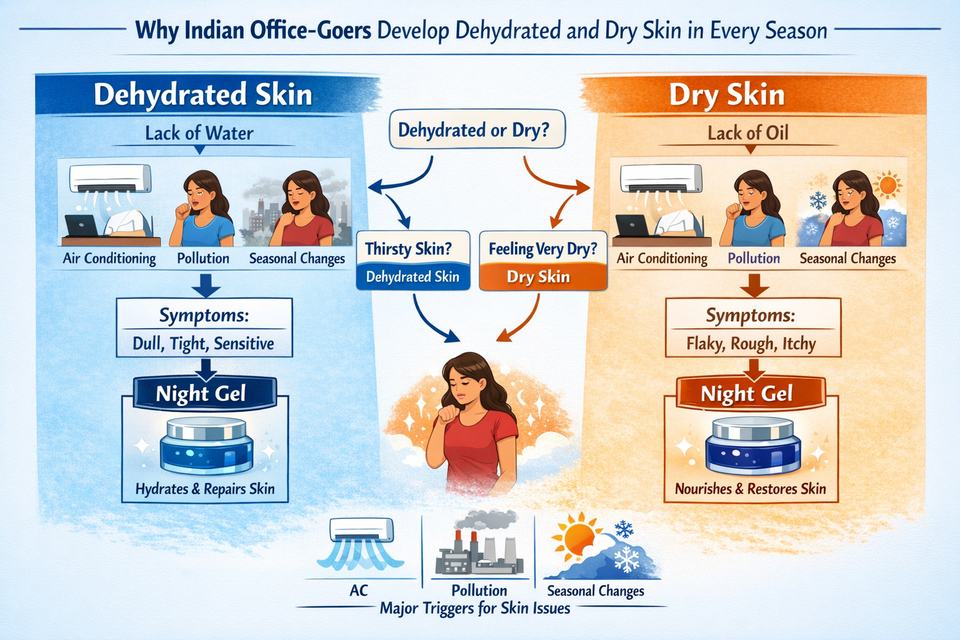 Infographic comparing dehydrated vs dry skin for Indian office-goers and showing how AC, pollution, and seasons affect the skin and where night gel fits in the routine.