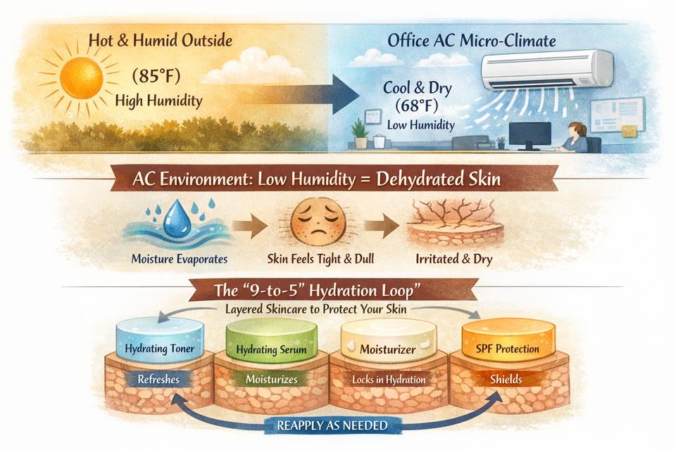 Infographic explaining how office AC creates a low-humidity micro-climate and how layered hydration protects skin.