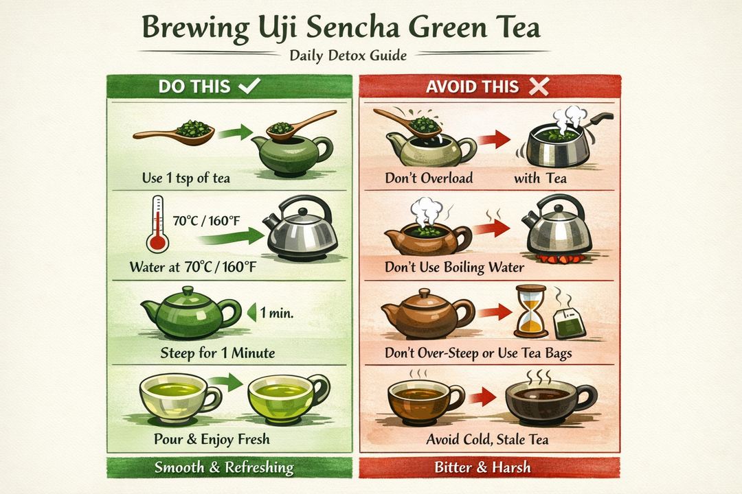 Infographic showing simple steps for brewing Uji Sencha green tea and common mistakes to avoid