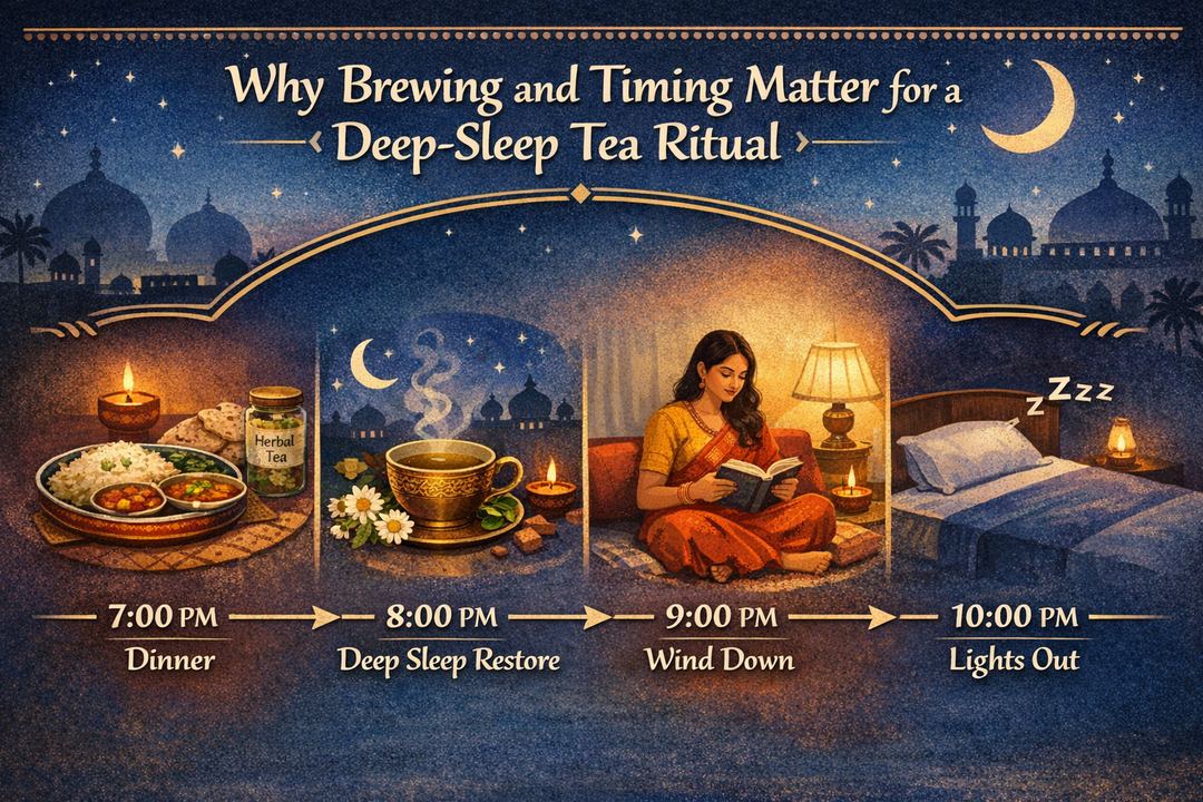 Infographic showing an evening timeline with dinner, Deep Sleep Restore tea, wind-down activities, and bedtime.