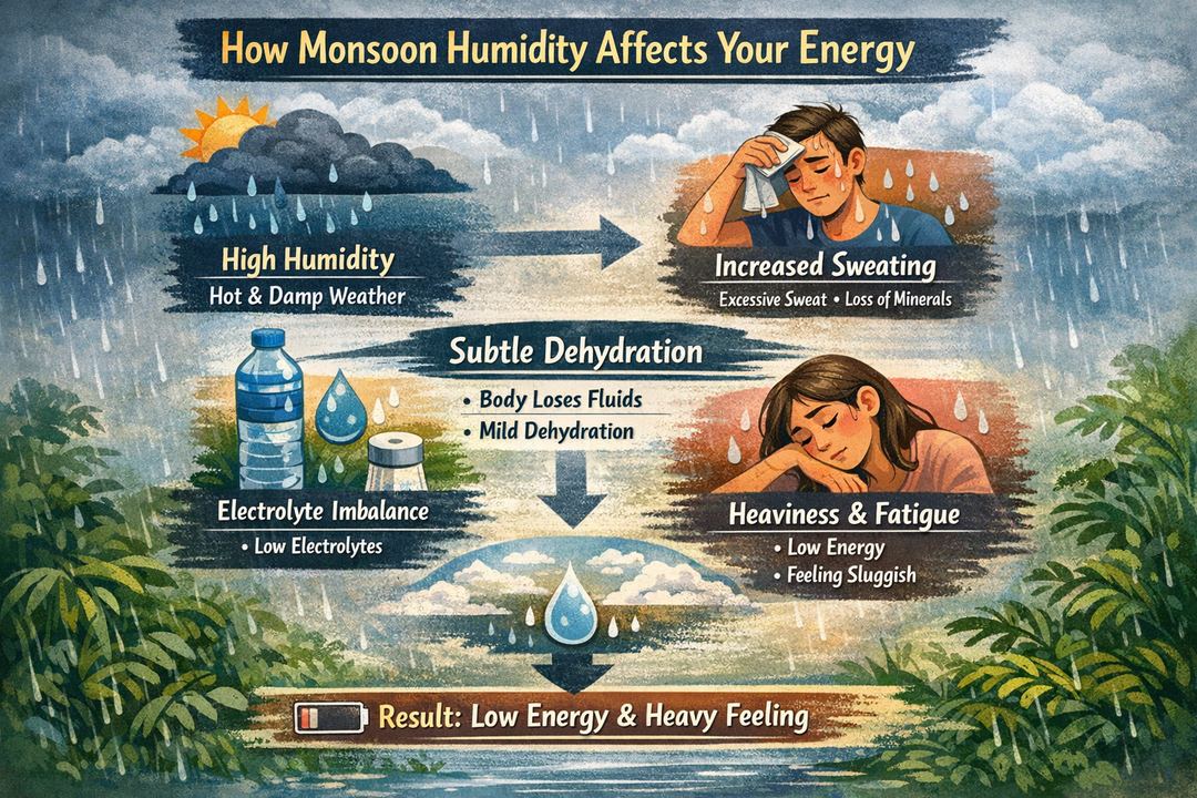 Infographic showing how high monsoon humidity leads to more sweating, subtle dehydration, and feelings of heaviness and fatigue.