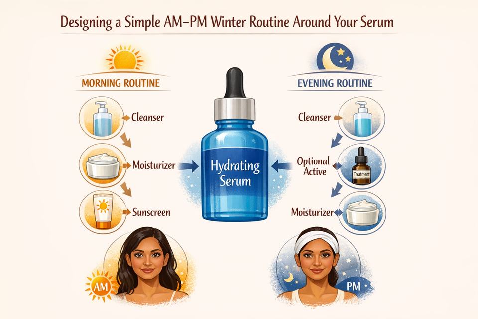 Infographic diagram of a simple AM–PM winter skincare routine for 40s Indian skin with a hydrating serum at the center