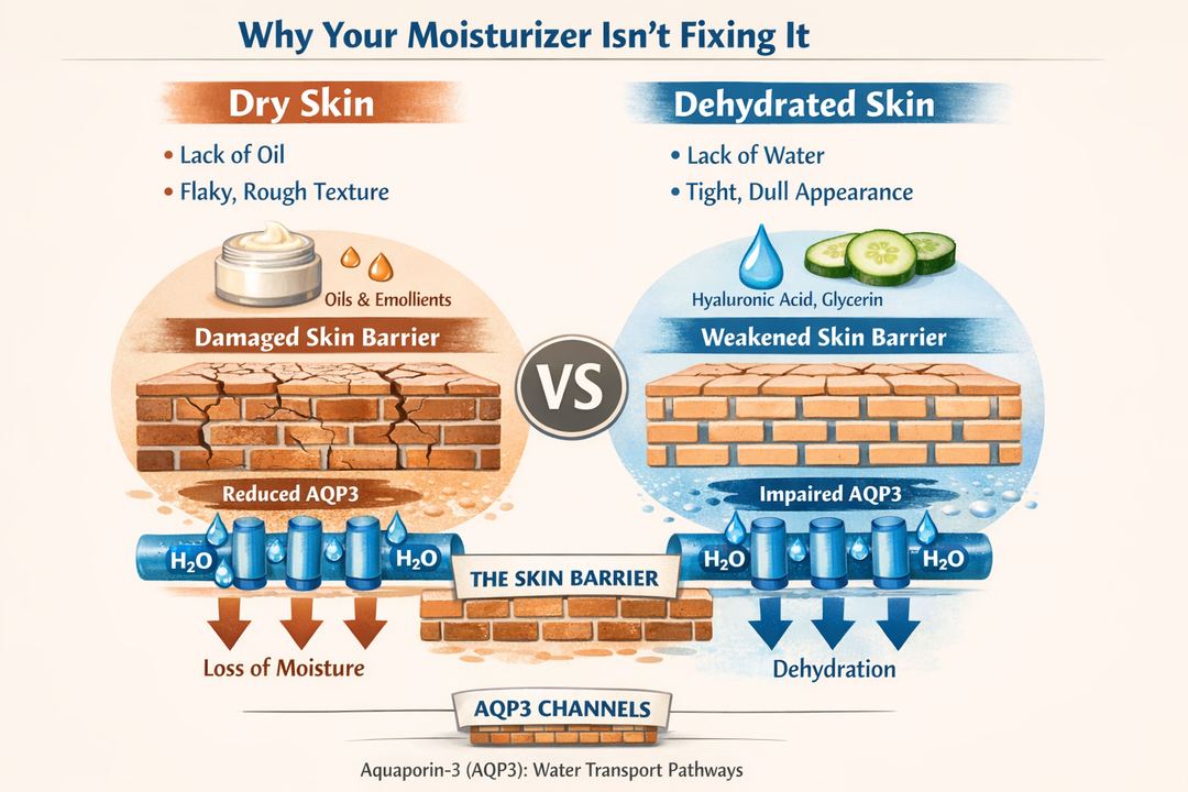 Infographic comparing dry vs dehydrated skin and showing the skin barrier as a brick wall with AQP3 moisture channels.