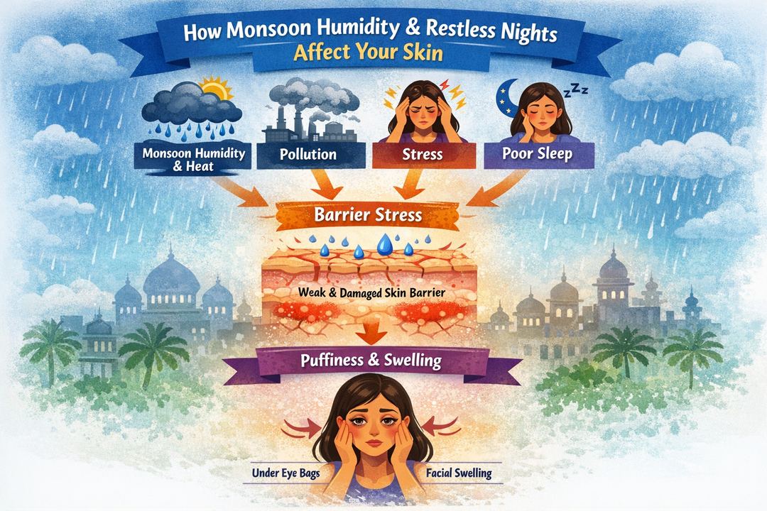 Infographic diagram showing how monsoon humidity, heat, pollution and poor sleep interact to weaken the skin barrier and cause puffiness.