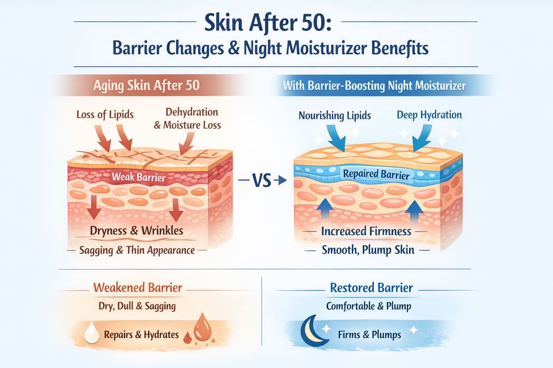 Infographic diagram showing how skin after 50 loses lipids and moisture, and how a barrier-supporting night moisturizer helps with comfort and plumpness.