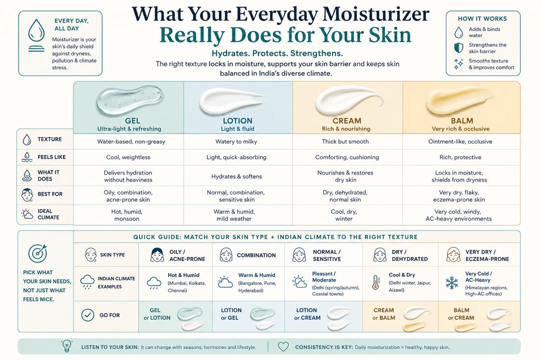 Infographic comparing gel, lotion, cream and balm moisturizers for different Indian skin types and weather conditions.