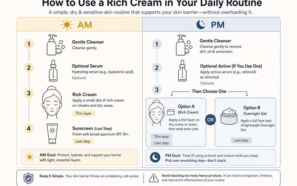 AM and PM skincare routine diagram for dry, sensitive skin showing cleanser, serum, Cetaphil Moisturizing Cream and sunscreen in the morning, and cleanser, actives, rich cream or Overnight Gel at night.