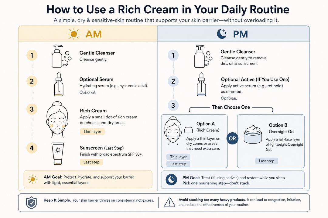 AM and PM skincare routine diagram for dry, sensitive skin showing cleanser, serum, Cetaphil Moisturizing Cream and sunscreen in the morning, and cleanser, actives, rich cream or Overnight Gel at night.