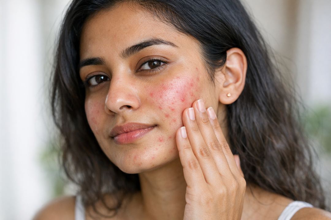 Indian woman with mild acne and facial redness gently touching her cheek, natural daylight.